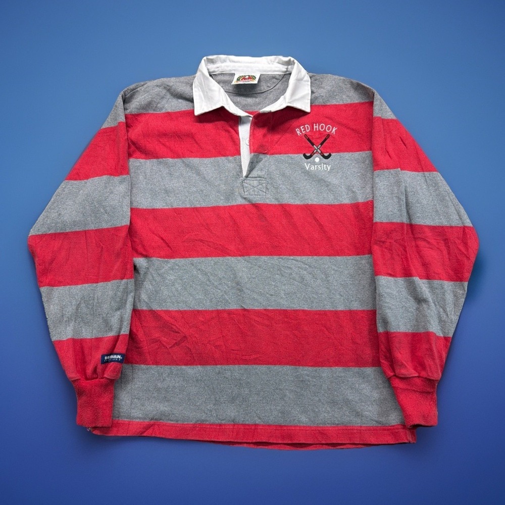 VTG Barbarian Red Gray Striped Long‎ Sleeve Rugby Wear Polo Shirt Mens Medium
